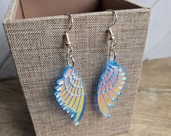 Earrings with White Blue Iridescent Angel Wing Charm Religious Spiritual