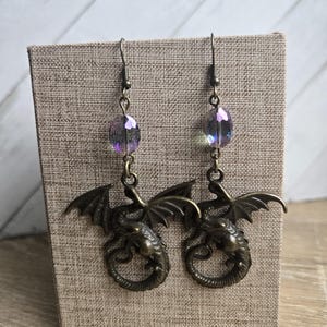 Handmade Fall Dragon Earrings: Purple Iridescent Crystal Accent