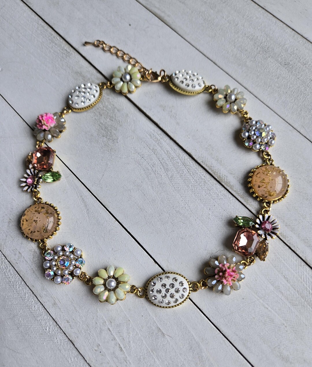 Pink Rhinestone Choker Victorian Choker Pastel Pink, White, Amber Rhinestones and Circle ...