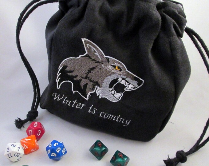 Drawstring Black Stark Game of Thrones Winter is Coming Direwolf wolf Embroidered Dice Bag or Pouch