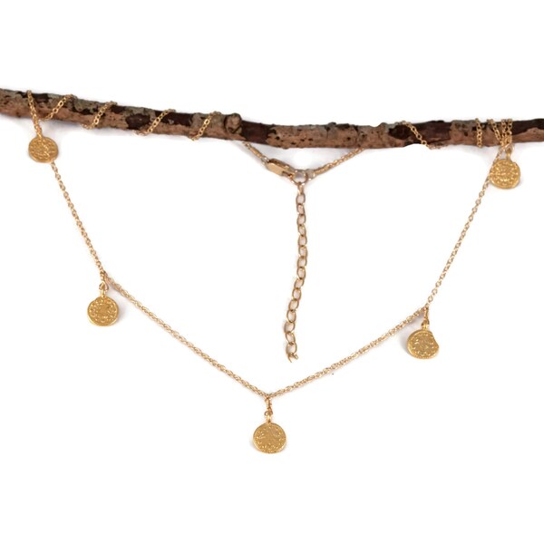 Collar inspirado en la sala de prensa // 5 collar de monedas de oro en delicada cadena llena de oro de 14K // joyería simple y sutil por Shibusa Studio