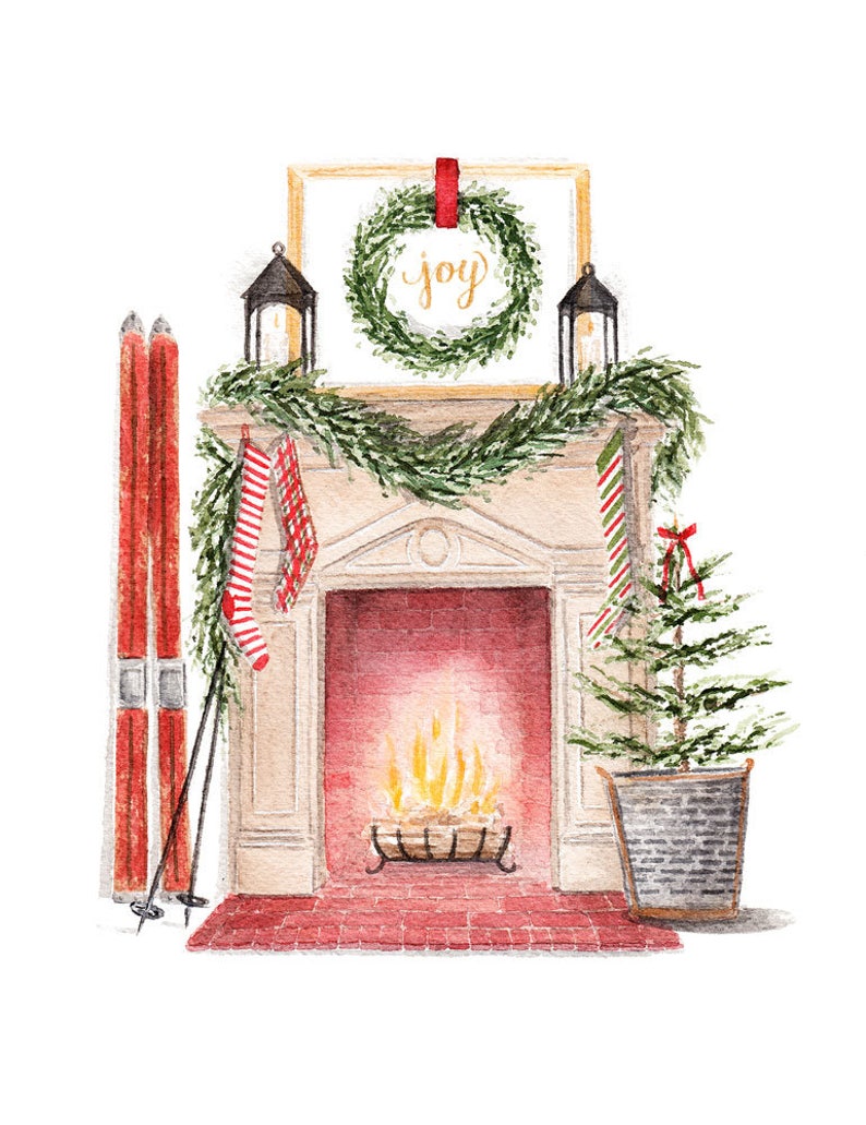 Vintage Inspired Christmas Fireplace Scene Fine Art Watercolor | Etsy