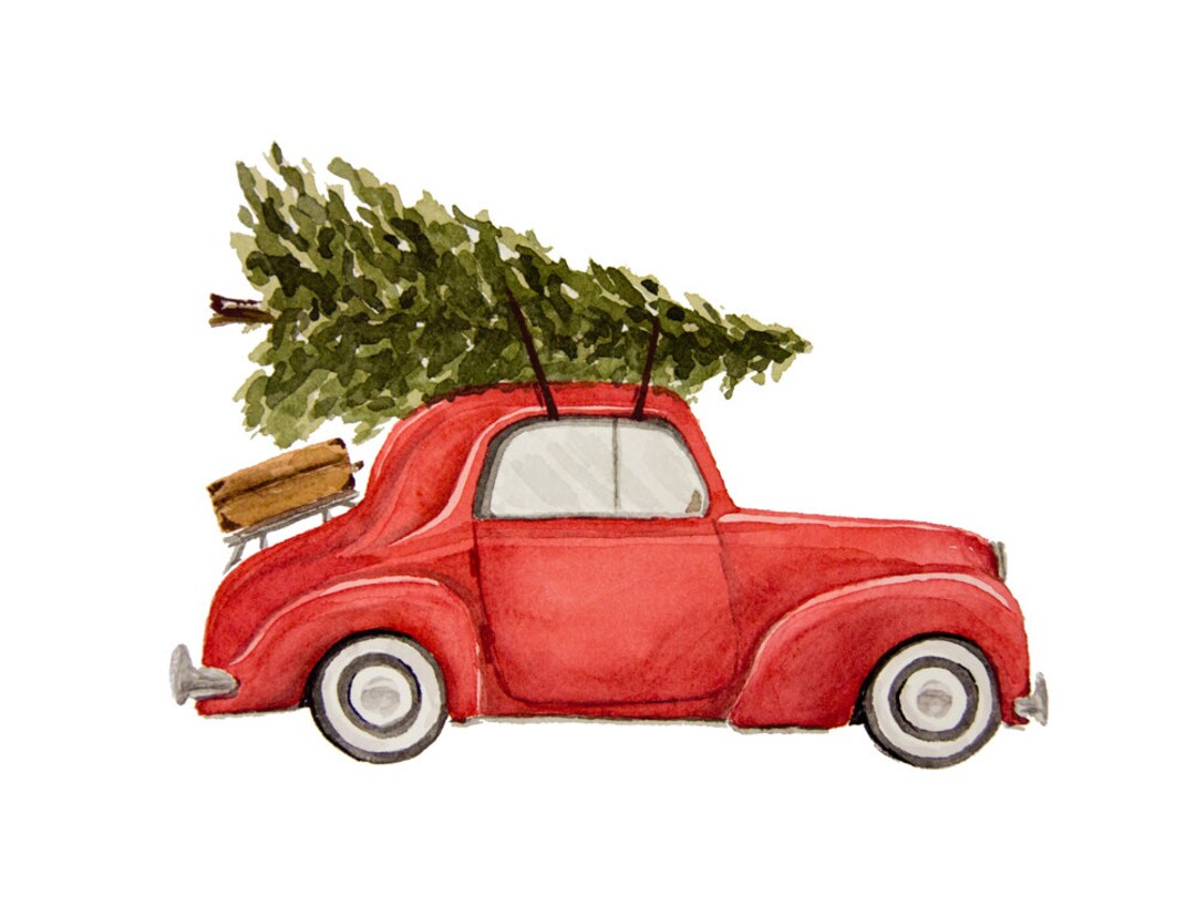 Vintage Car With Christmas Tree Watercolor Fine Art Print Etsy