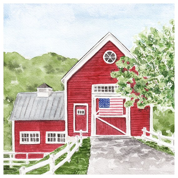 Old Red Barn With American Flag Watercolor Fine Art Print Etsy