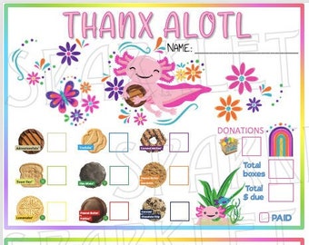 Commande de biscuits ABC Girl Scout Merci imprimable Formulaire de biscuits ABC Baker 2024 Mascotte Axolotl