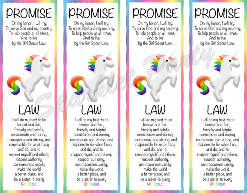 girl scout promise and law unicorn theme bookmark printable etsy