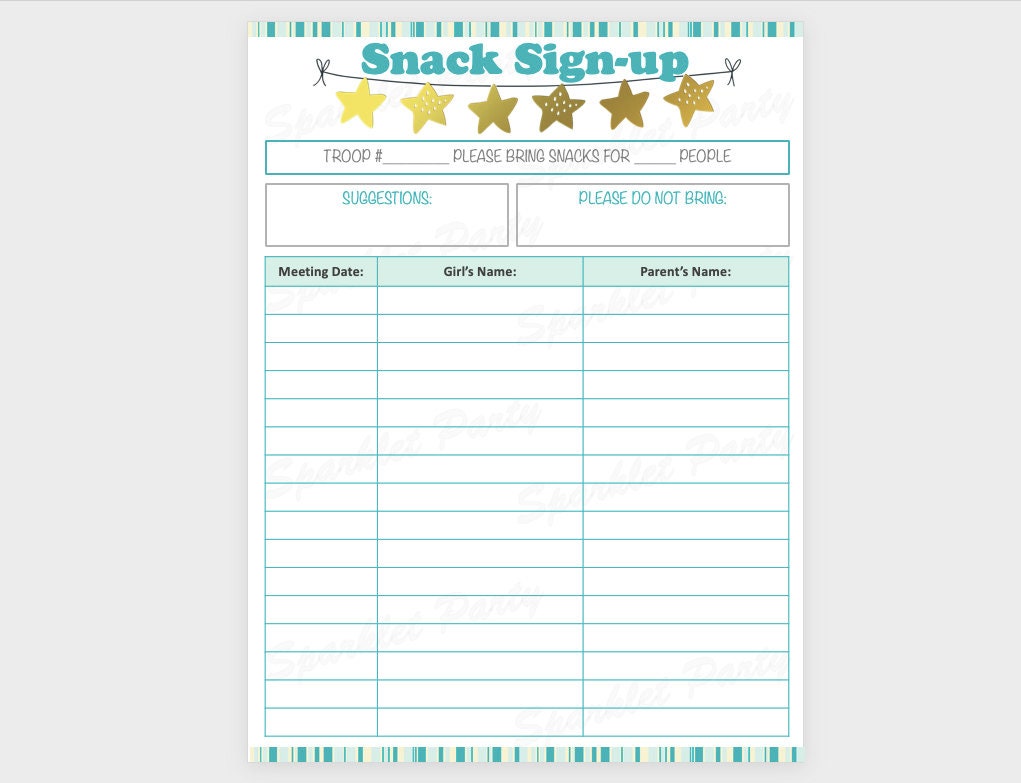 Free Printable Snack Sign Up Sheet Pdf