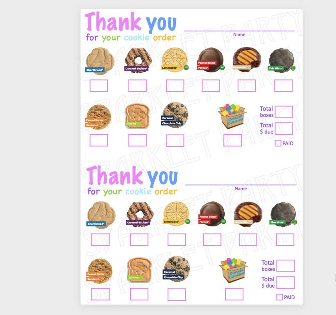 ABC Girl Scout Cookie Order Thank You Printable Smart Cookies Baker Cookies Form 2022 Etsy