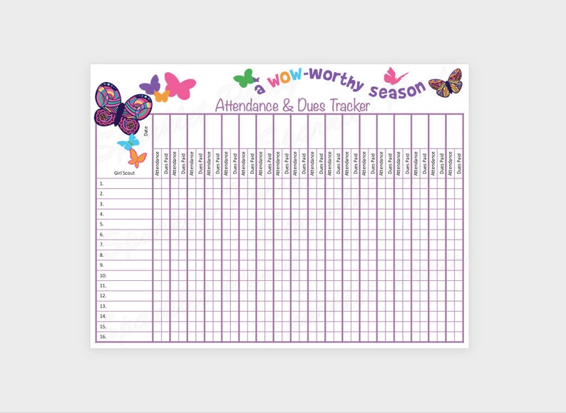 Girl Scout Attendance Sheet with Dues Column Tracker Printable | Etsy