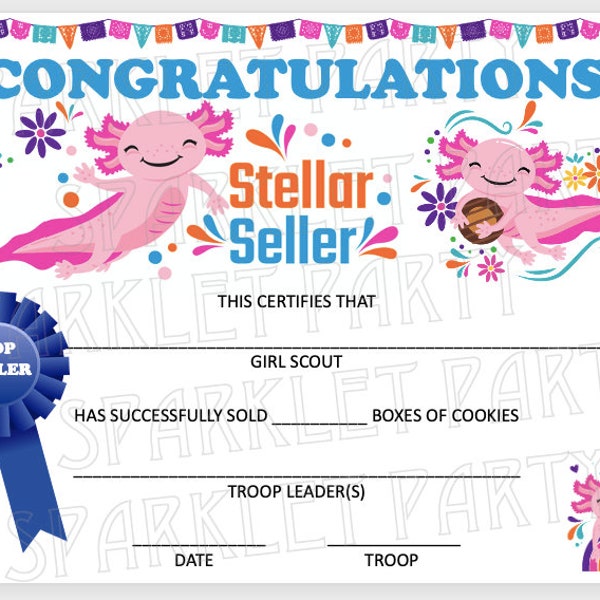 Girl Scout Cookie Sales Top Seller Award Certificate Printable Cookie Order