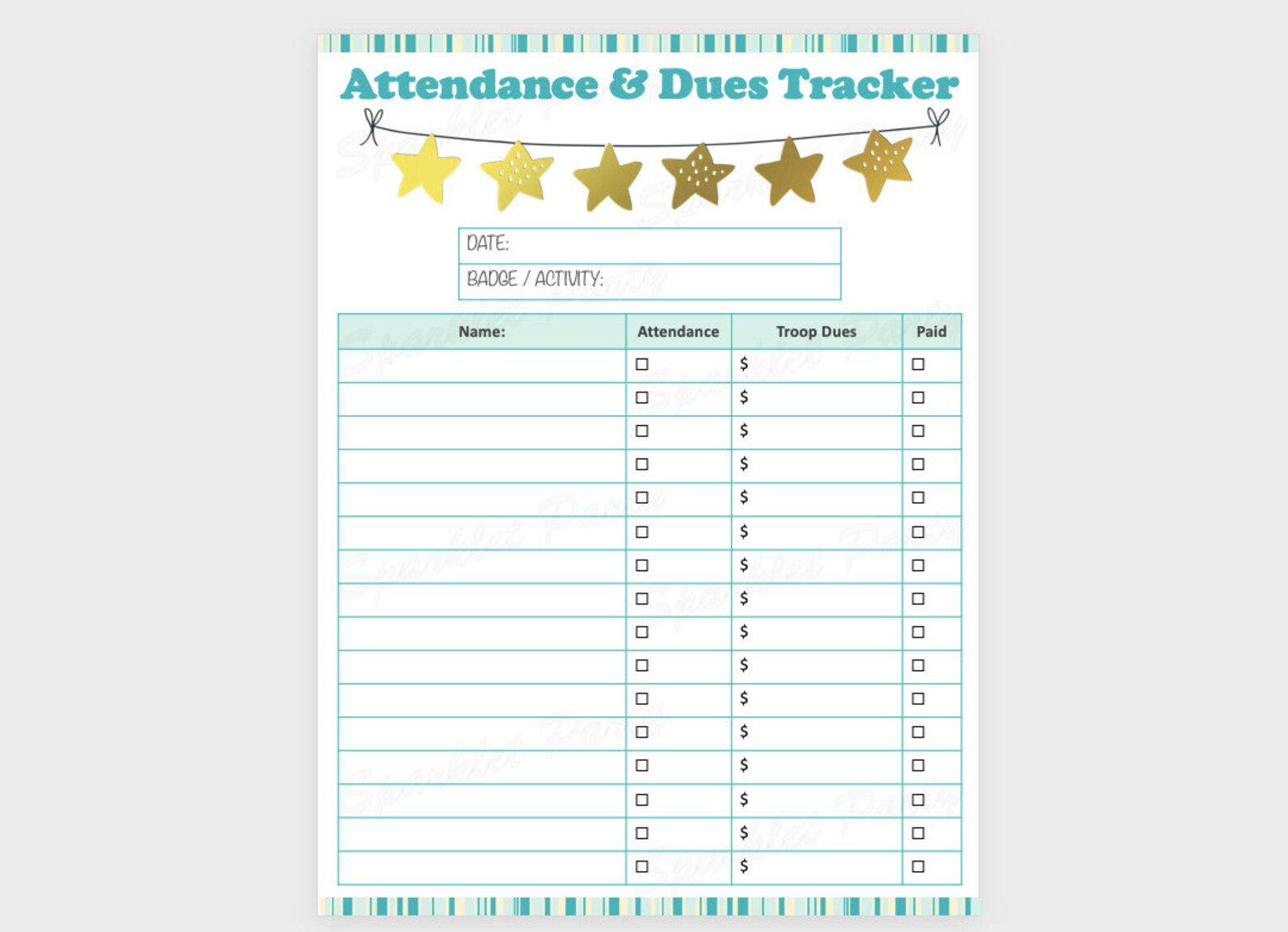 Girl Scout Attendance Sheet With Dues Column Tracker Printable - Etsy
