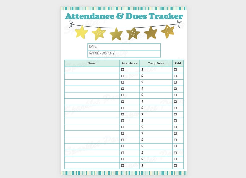 Girl Scout Attendance Sheet With Dues Column Tracker Printable - Etsy