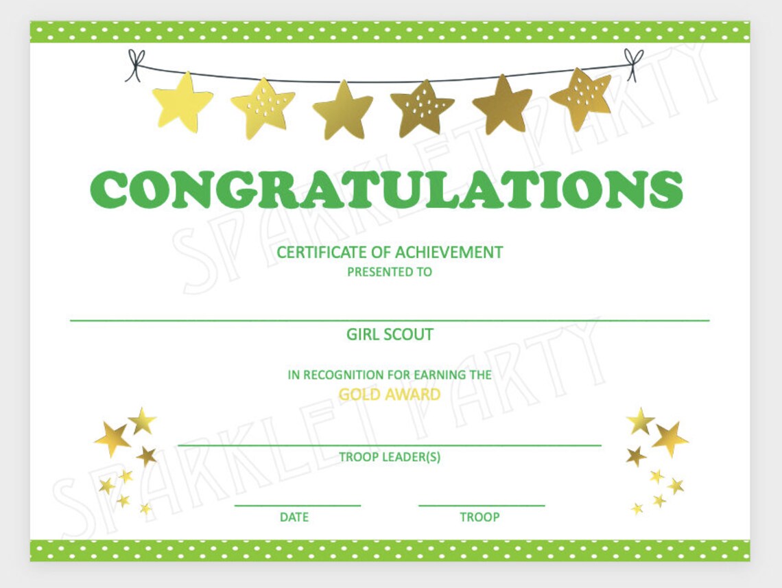 Girl Scout Gold Award Certificate Printable Instant Download - Etsy