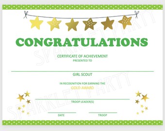 Girl Scout Gold Award Certificate Printable PDF Template - Etsy