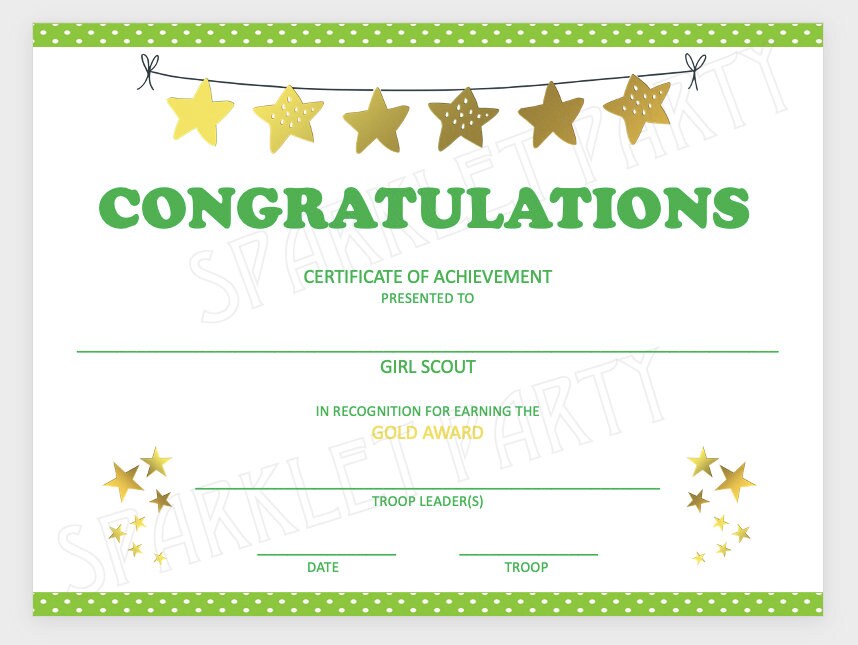 Girl Scout Gold Award Certificate Printable Instant Download - Etsy