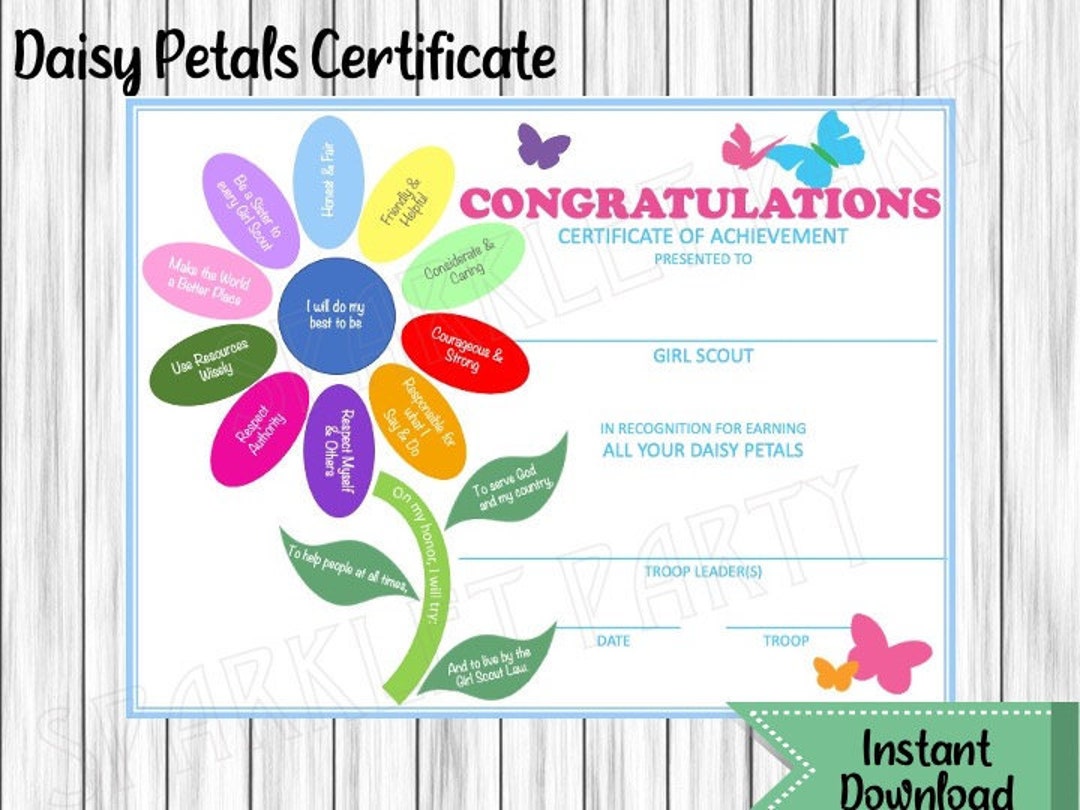 Girl Scout Petal Promise and Law Daisy Completion Certificate Flower ...