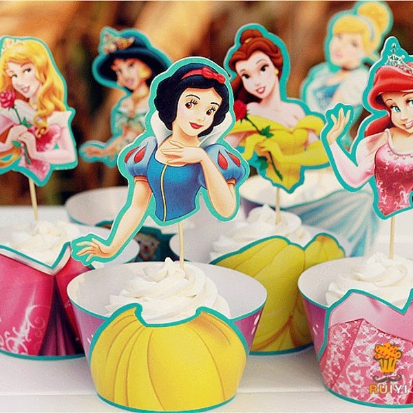24 pc SET Princess Cupcake Wrapper & Topper Picks Cinderella Snow White Ariel Little Mermaid Belle Aurora Sleeping Beauty Jasmine