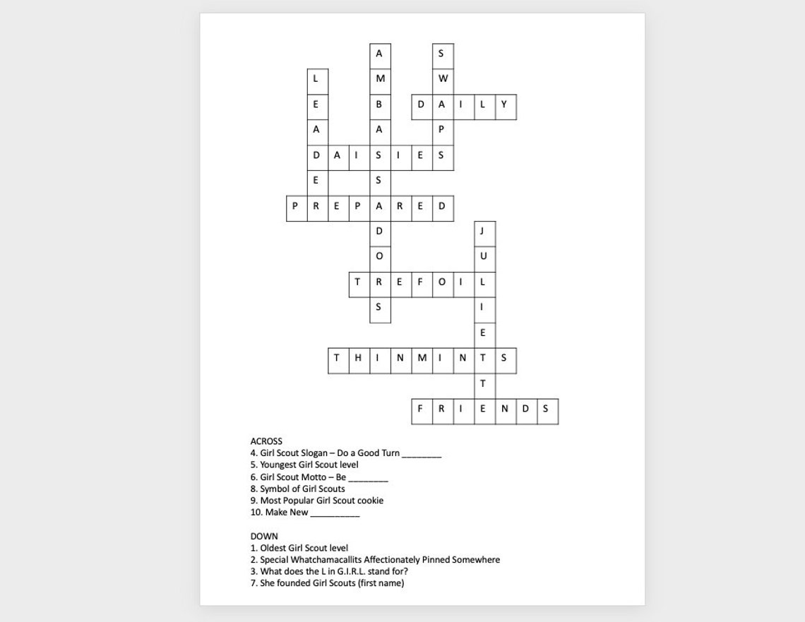 Girl Scout Crossword Puzzle Game Worksheet / Answer Sheet Etsy