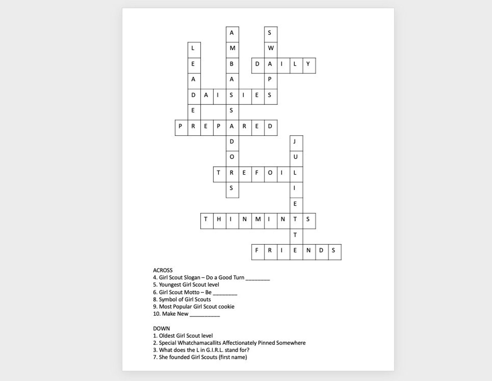 Girl Scout Crossword Puzzle Game Worksheet / Answer Sheet Etsy