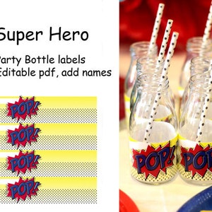Super Hero / Comic Book Bottle Labels (for small retro milk bottles or similar) - editable pdf
