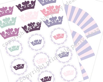 Pink and Purple Princess cupcake toppers and wrappers - Printable PDF