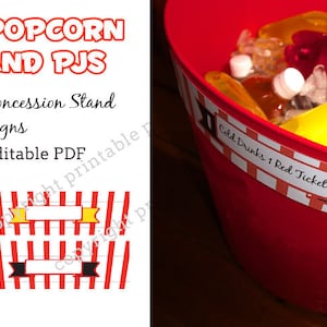 May include: Printable concession stand signs for a popcorn and PJs party. The signs are red and white striped with a black or yellow banner. The text on the signs reads "Cold Drinks 1 Red Ticket".