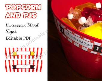Popcorn und PJs Konzession Stand Schilder - editierbar pdf - INSTANT DOWNLOAD