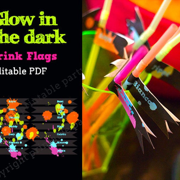 Glow in the Dark Party Neon Color Drink Flags - editable PDF - add your own text