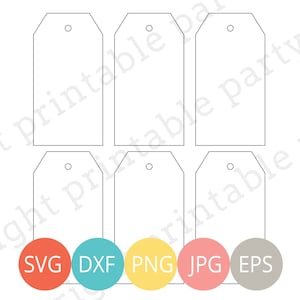 May include: Five blank gift tags with rounded corners and a hole at the top. The tags are arranged in two rows of three. Below the tags are five circles with the file formats SVG, DXF, PNG, JPG, and EPS.