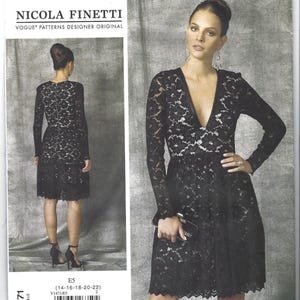 May include: A black lace dress pattern by Nicola Finetti. The Vogue Patterns Designer Original pattern features a knee-length dress with long sleeves and a V-neckline. The pattern includes sizes 14-16-18-20-22. The pattern number is V1471.