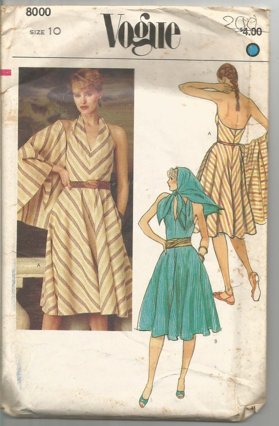 Vogue Sewing Pattern 8000, Vintage Halter Neckline Dress and Shawl, Size  10, Uncut and Factory Folded