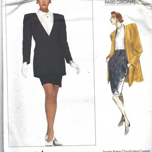 May include: A vintage Vogue Patterns sewing pattern for a black blazer and a yellow jacket with a plaid skirt. The pattern number is 2229 and the difficulty level is Advanced/Plus Difficile.