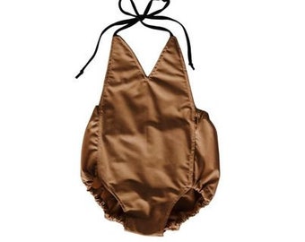 Chestnut v-neck Romper- Sunsuit- Bubble, brown,  newborn, coming home outfit, girl romper