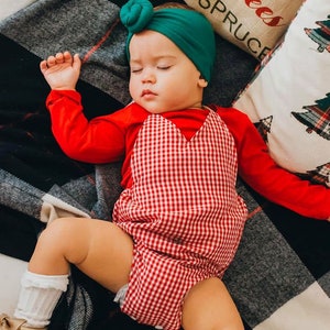 Red Gingham Romper- Christmas, holiday, Winter, baby, girl, coming home outfit, pictures,