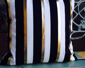 Gold Foil, black and ivory stripe pillow cover on medium weight cotton blend duck home decor fabric with a pillow insert