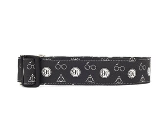 Harry Potter dog collar, 9 3 4 dog collar, wizard dog collar, black dog collar, deathly hallows dog collar, hogwarts dog collar, 4 sizes