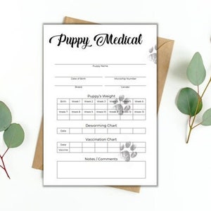 May include: Printable puppy medical record tracker with sections for puppy name, date of birth, breed, microchip number, puppy's weight, deworming chart, vaccination chart, and notes/comments. The form has a paw print design.