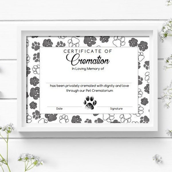 Pet Cremation Certificate - Paws (Instant Download)