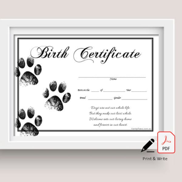 Pet / Puppy / Kitten Pet Birth Certificate - Paw Prints - PDF Document (Instant Download)