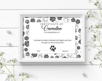 Pet Cremation Certificate - Paws (Instant Download)