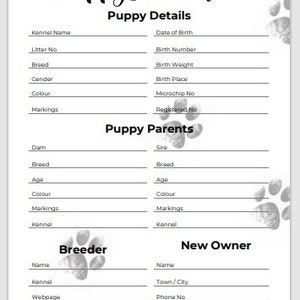 Puppy Breeder/Litter Pack - Classic Paw Prints - Breeder forms, PDF Document image 2