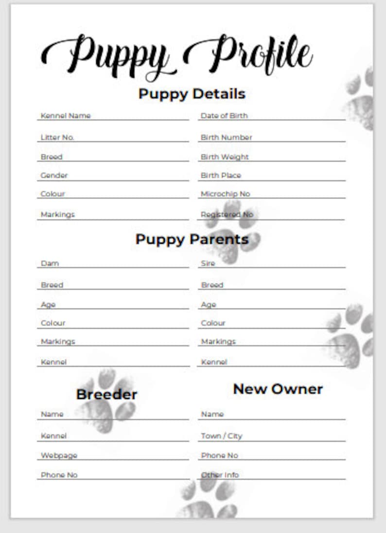Puppy Breeder/Litter Pack - Classic Paw Prints - Breeder forms, PDF Document image 2