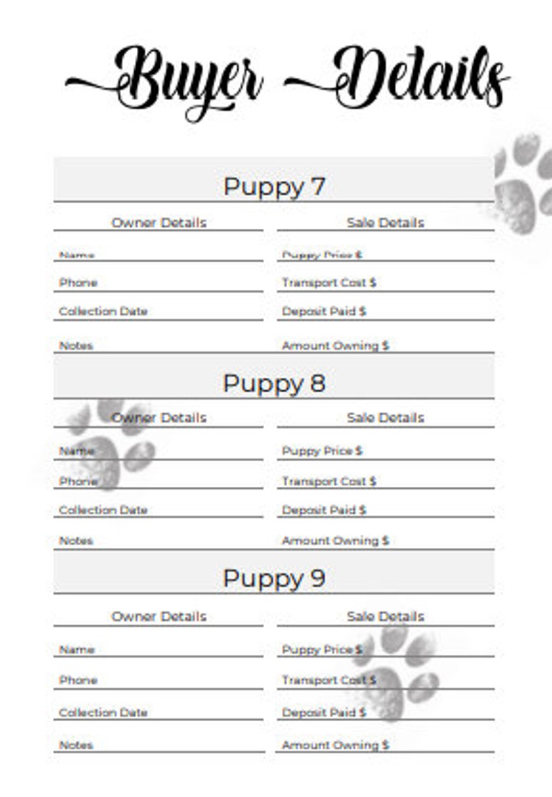Puppy Breeder/Litter Pack - Classic Paw Prints - Breeder forms, PDF Document image 7