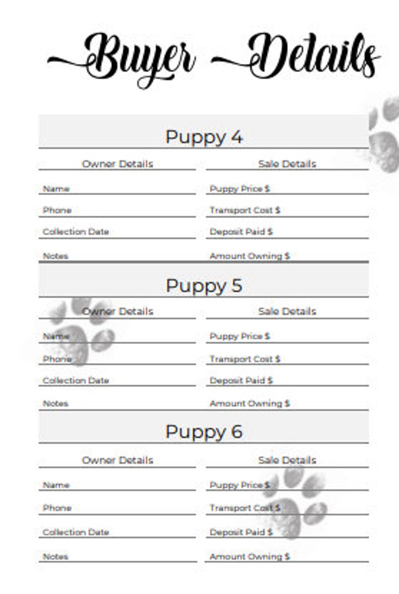 Puppy Breeder/Litter Pack - Classic Paw Prints - Breeder forms, PDF Document image 6