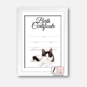 Geboorteakte kitten - zwart-wit (directe PDF-download)