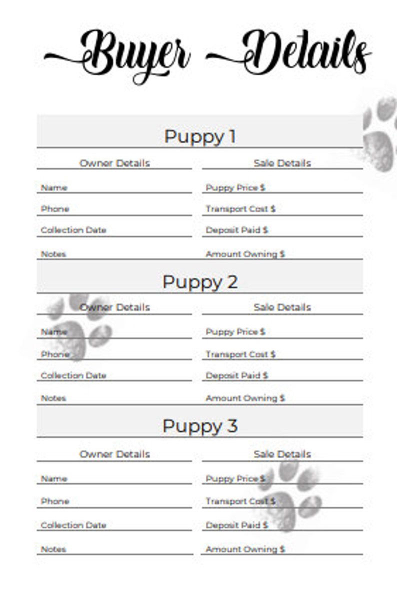 Puppy Breeder/Litter Pack - Classic Paw Prints - Breeder forms, PDF Document image 5