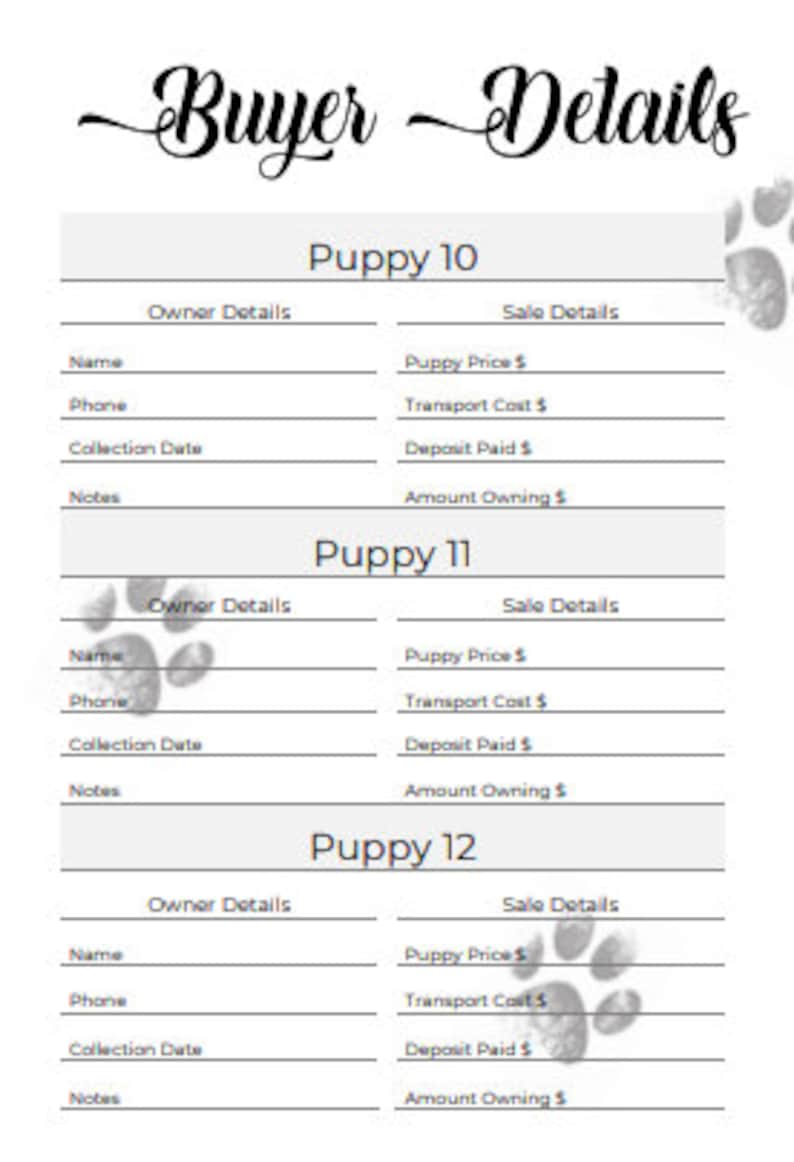 Puppy Breeder/Litter Pack - Classic Paw Prints - Breeder forms, PDF Document image 8