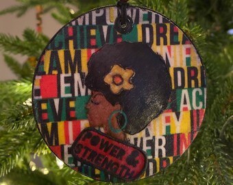 Afrocentric, 3-D Black Natural Women, 3” Handmade Fabric Ornament, featuring Woman with Afro and Scarf.