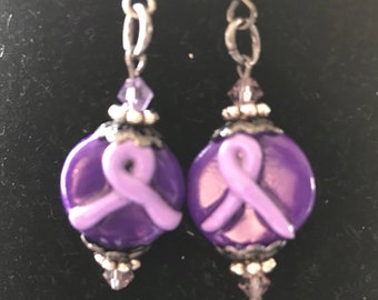 Purple Ribbon Double-sided 2" Earrings with Silver Trim. Beads are Handmade with Polymer Clay