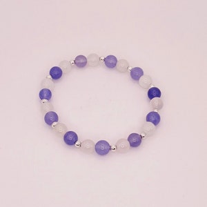 Lavender Agate and White Jade Beads with silver toned spacers - 7 inch Elastic Bracelet